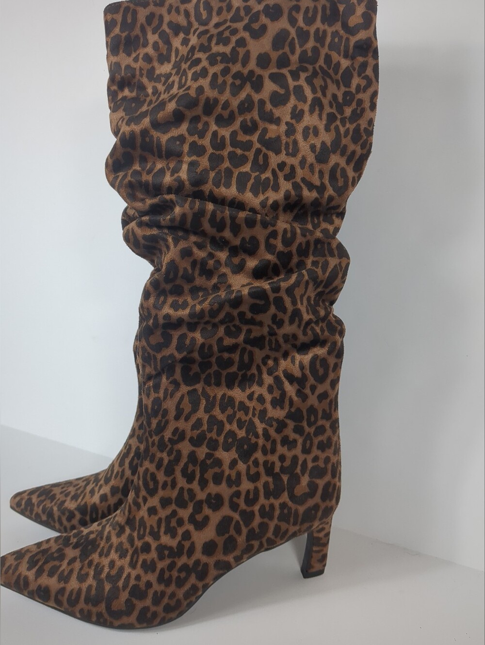 Leopard Print Faux Suede Mid Slouch Kitten Heel Boots Sz 7 NWT